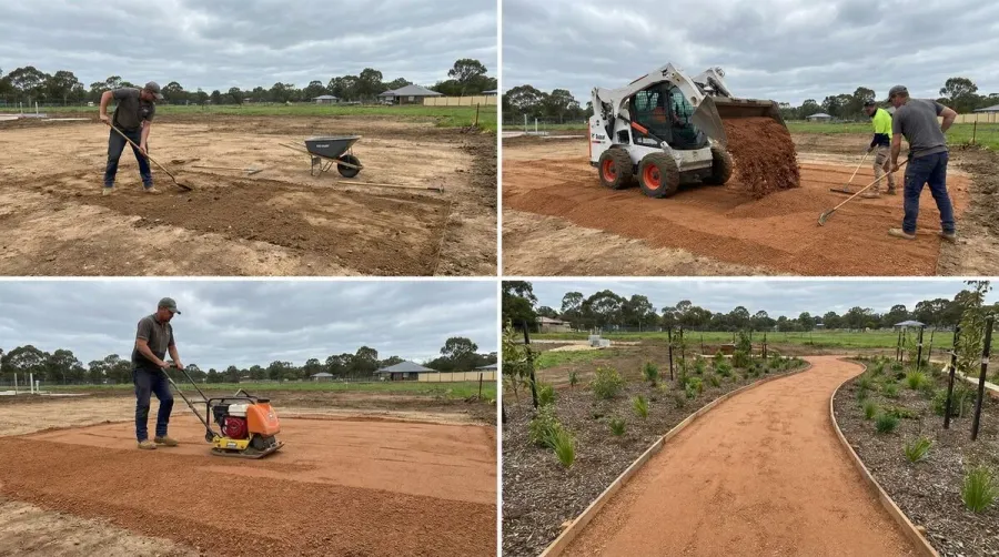 installation process showing ground preparation, material spreading, and compaction equipment
