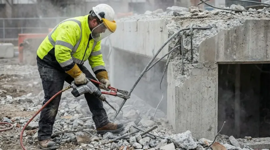 person wearing safety gear removing rebar from concrete
