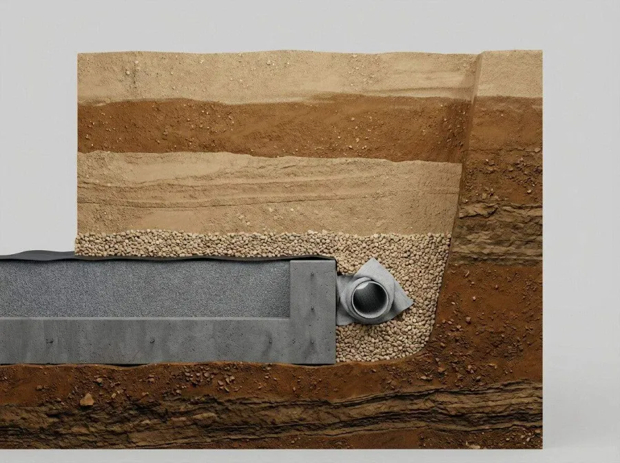 cross-section diagram showing proper backfill layers around foundation