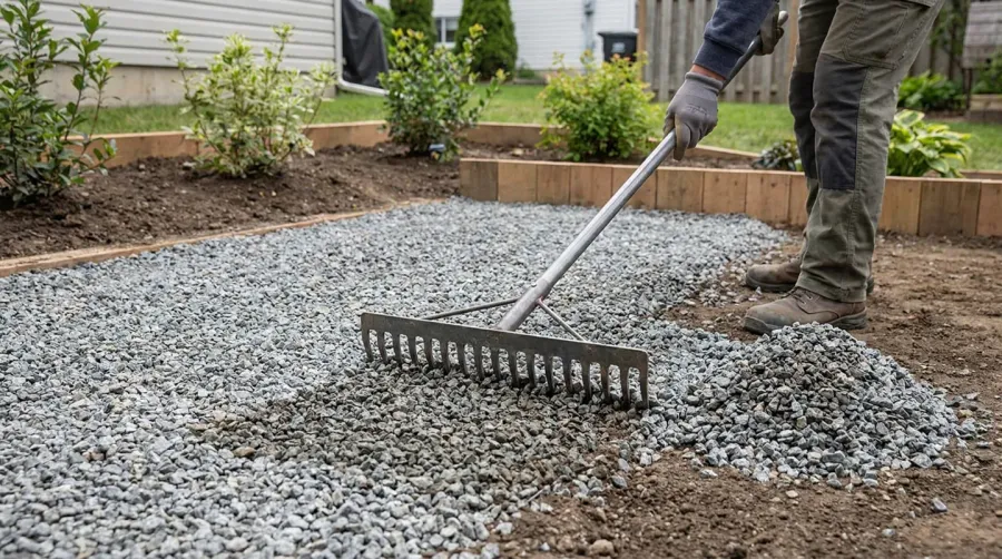 Gravel being spread evenly with rake showing proper depth
