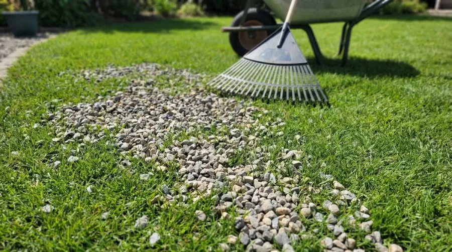 Gravel scattered on green lawn before removal