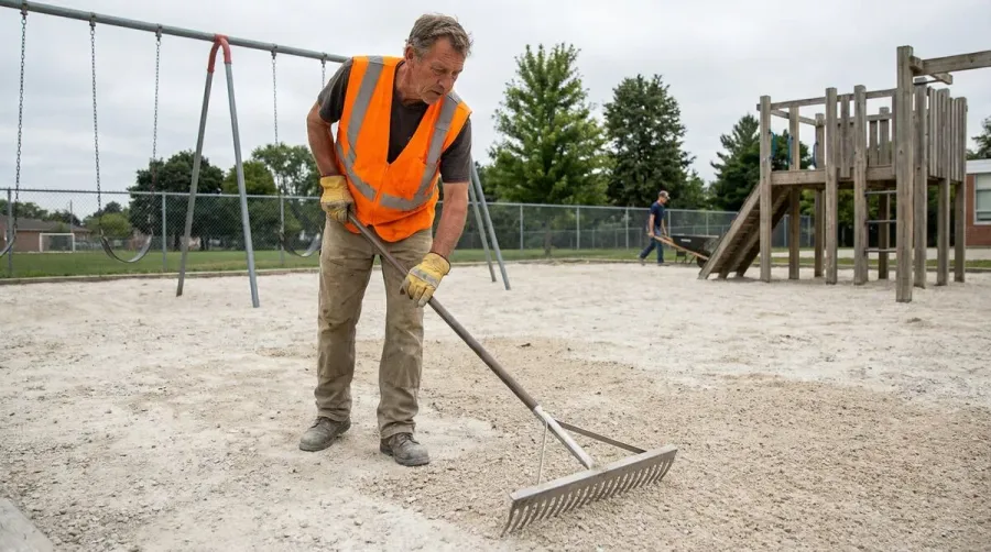 Playground maintenance worker raking limestone surface