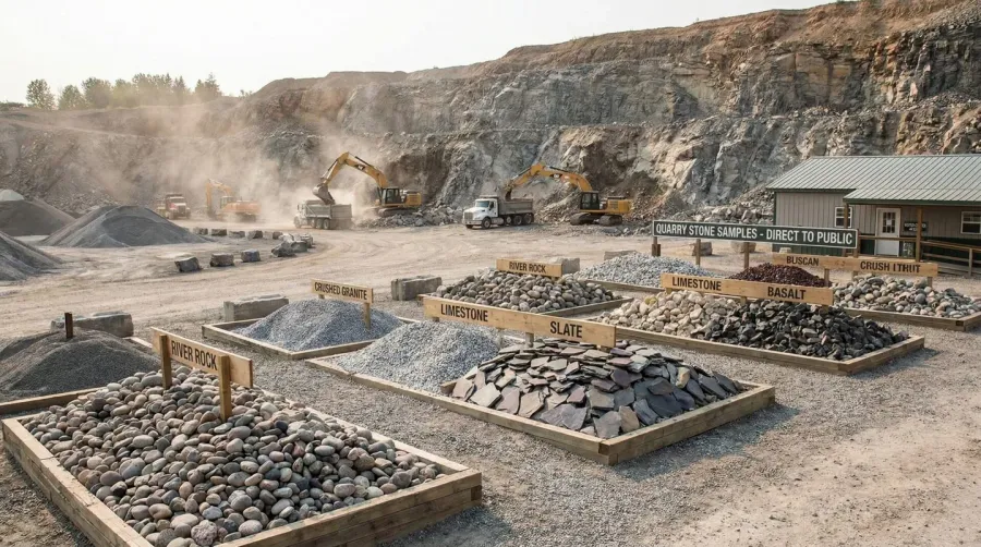 Gravel quarry with various stone types displayed