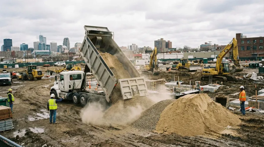 Construction site with delivery truck unloading sand and gravel materials