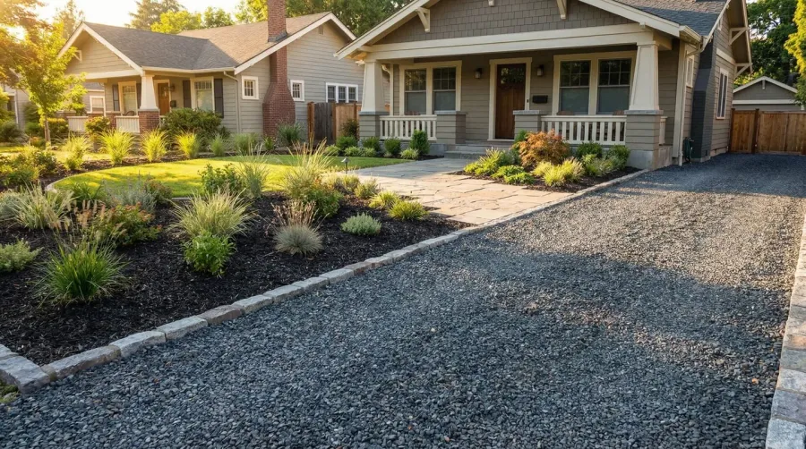 Professional landscaping project showing completed gravel installation with quality results
