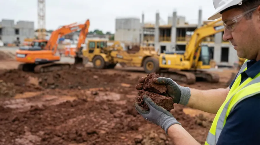 Construction worker examining heavy clay soil texture on building site