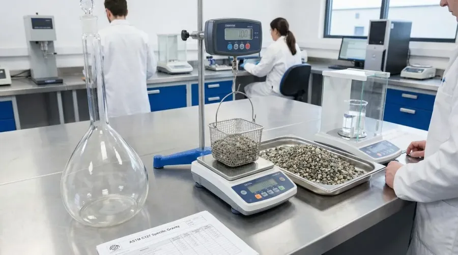 Apparent specific gravity measurement setup with gravel sample and water displacement equipment