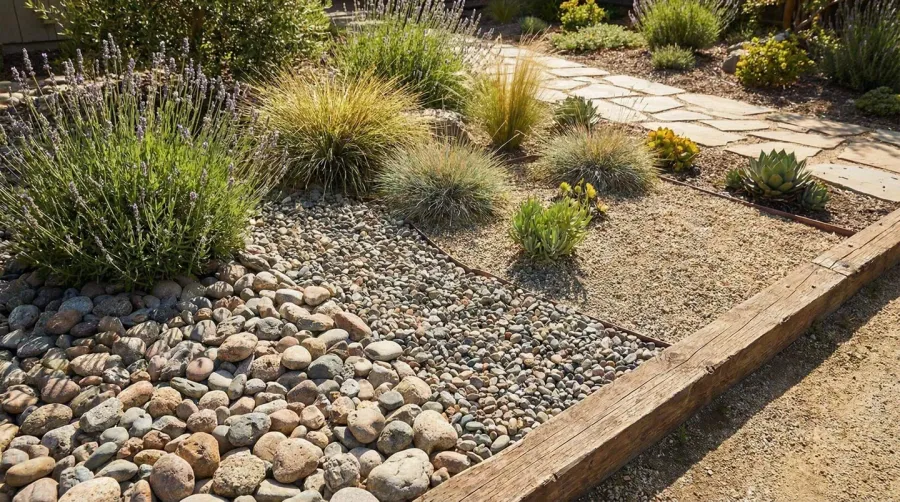 Various sizes of crushed rock displayed in garden bed setting with plants