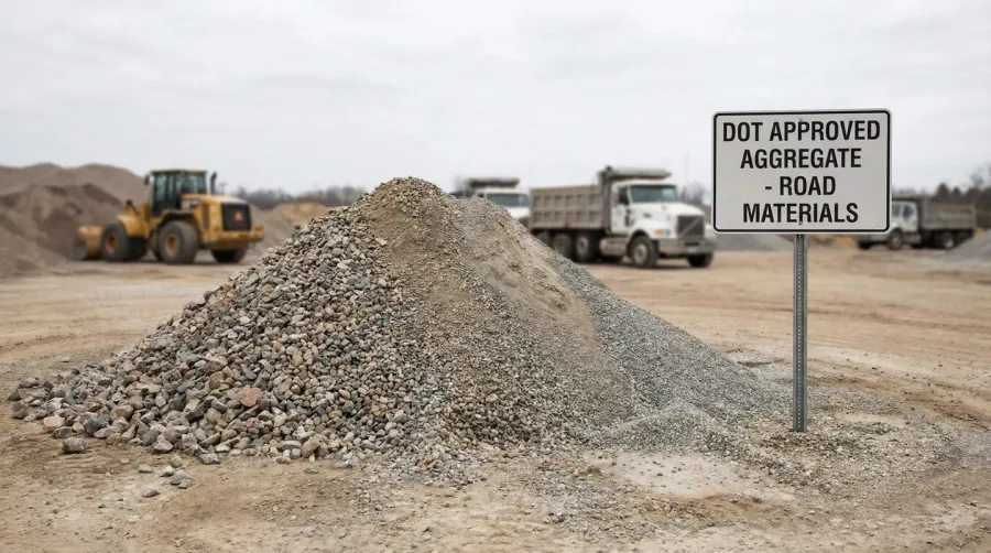 DOT gravel pile showing different aggregate sizes and textures used in road construction