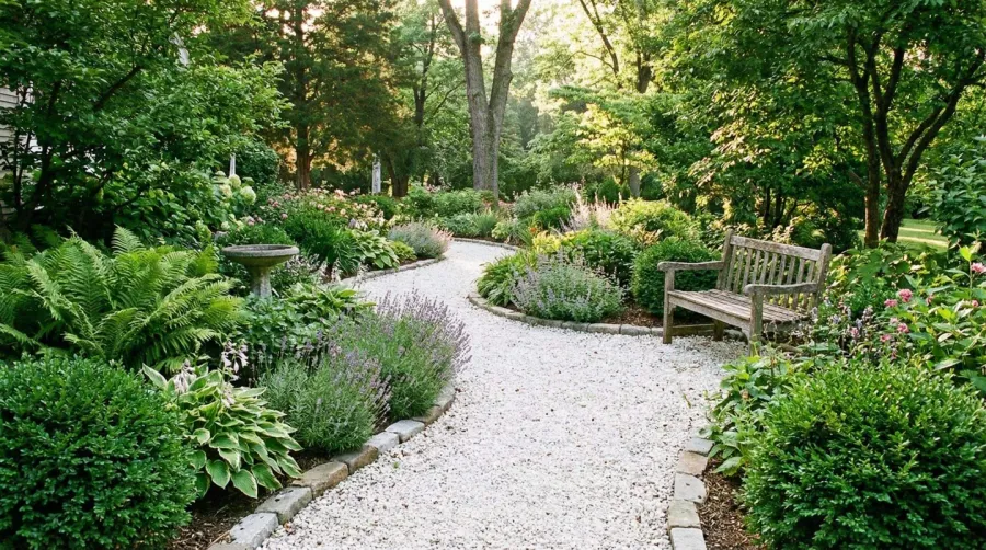 White limestone gravel garden path with plants landscaping