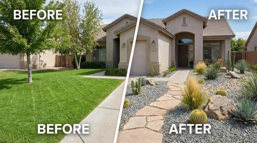 Before and after comparison showing traditional grass lawn transformed into beautiful gravel yard with desert plants