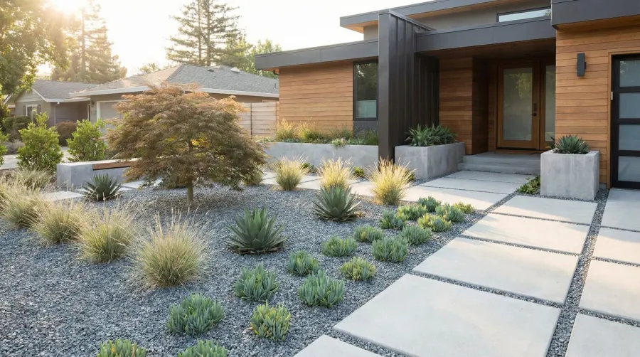 Modern gravel front yard landscape with trees and plants