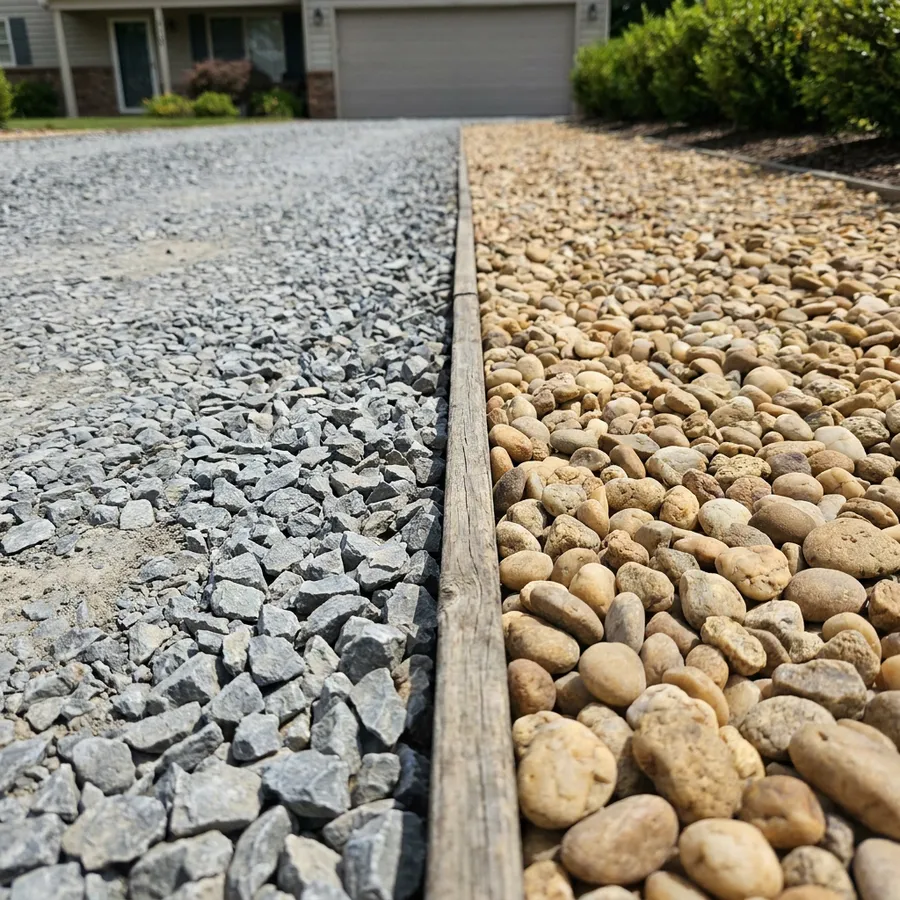 Grey angular crushed stone driveway beside tan rounded pebbles, split by a timber edge