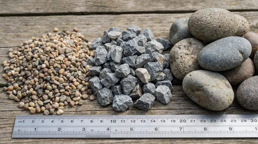 Close-up comparison of small, medium, and large driveway rocks with measuring ruler