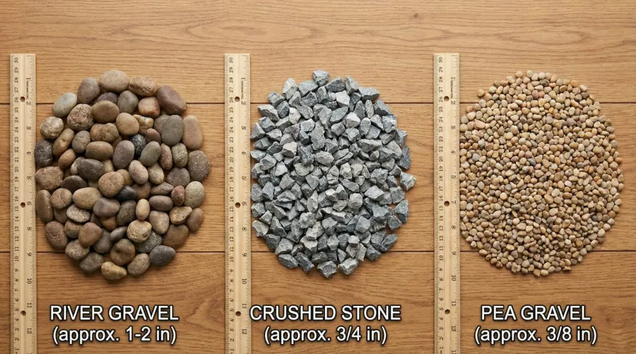 Close-up comparison showing river gravel, crushed stone, and pea gravel side by side with size references