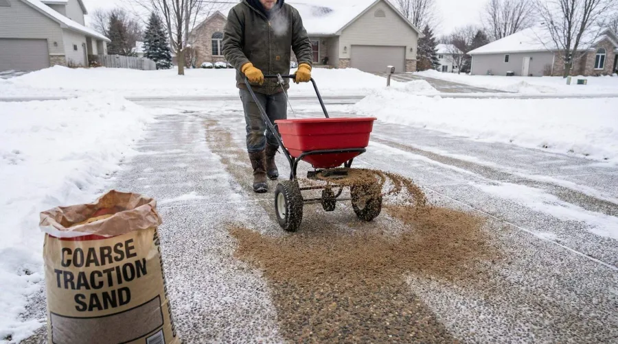 Homeowner applying sand to aggregate driveway