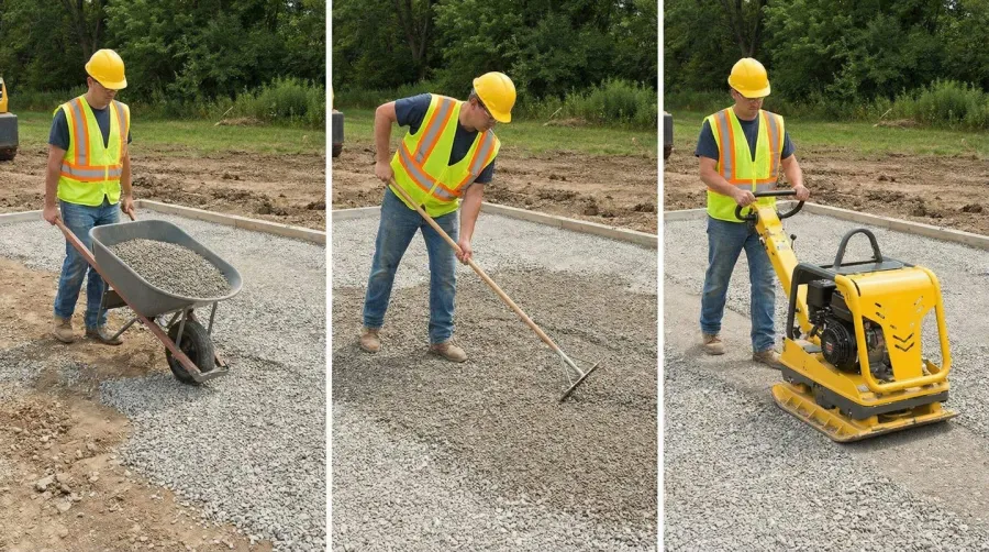 Step by step gravel installation process with compactor