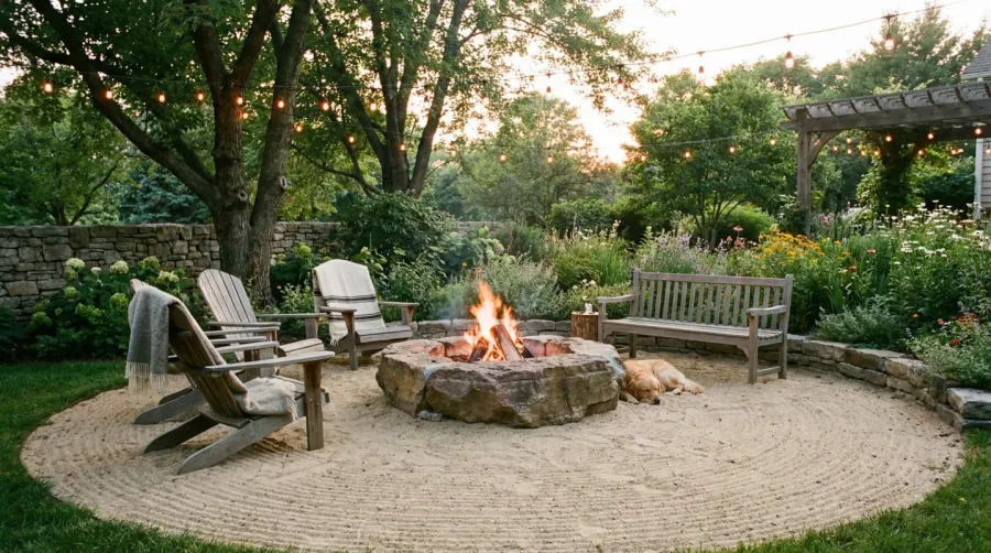 Fire pit area with sand base in outdoor setting