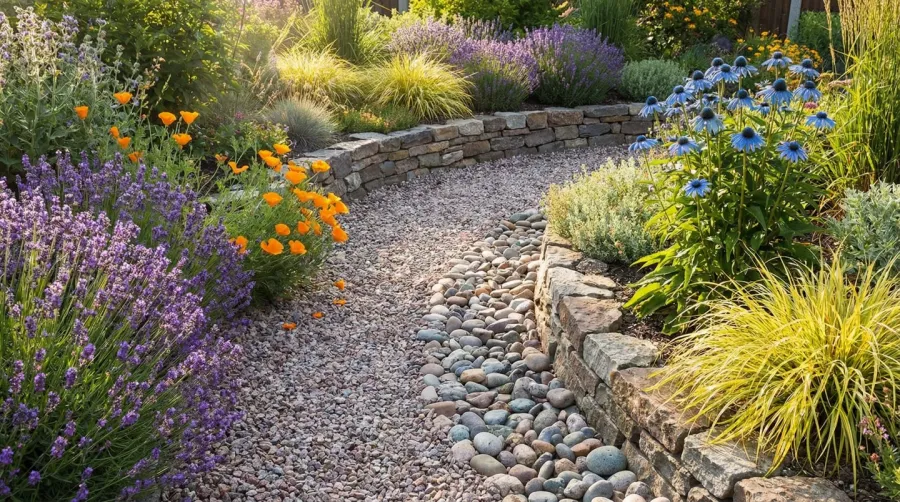 Beautiful gravel garden border with colorful plants and defined edges