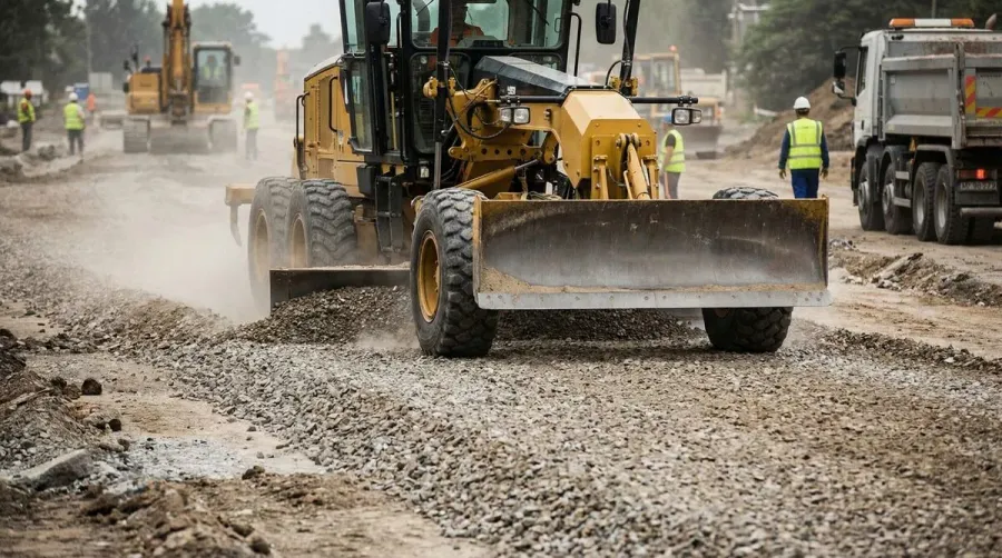 Grader Spreading And Leveling Gravel On Road Construction Site