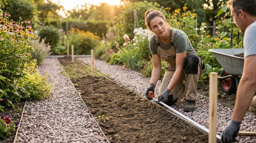 Person Measuring Garden Path With Measuring Tape And Stakes