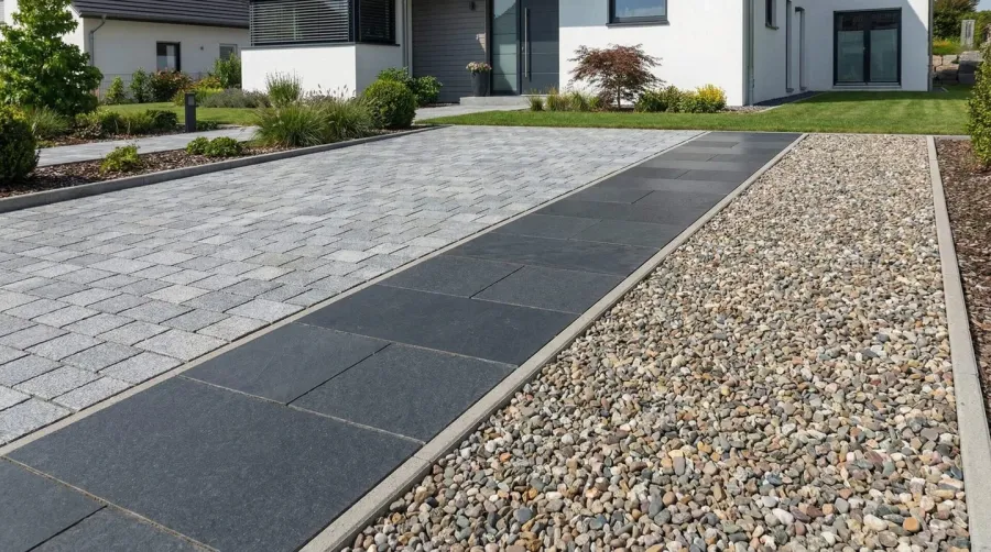 modern driveway with different rock types comparison