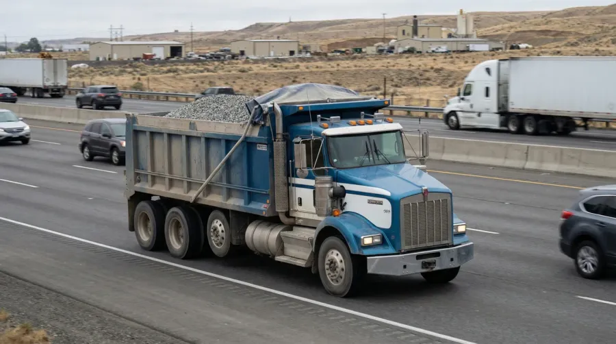 Commercial dump truck hauling gravel across highway