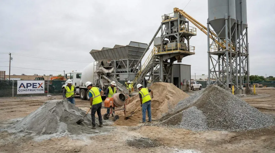 Concrete mixing with gravel at construction site