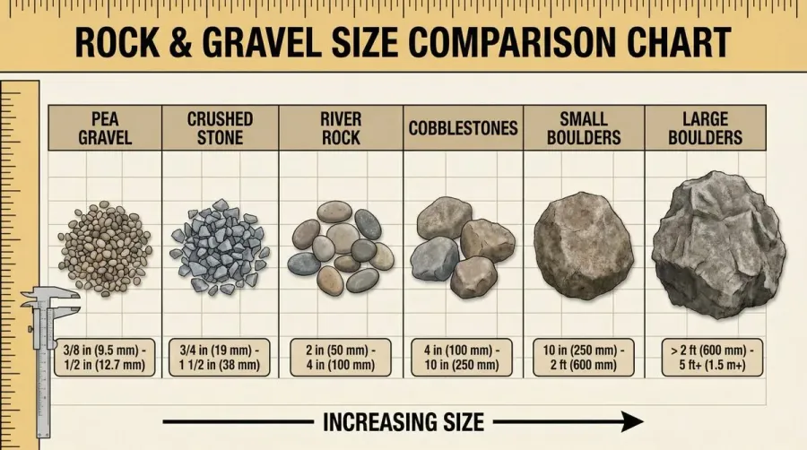 rock and gravel sizes comparison chart showing different materials from pea gravel to boulders