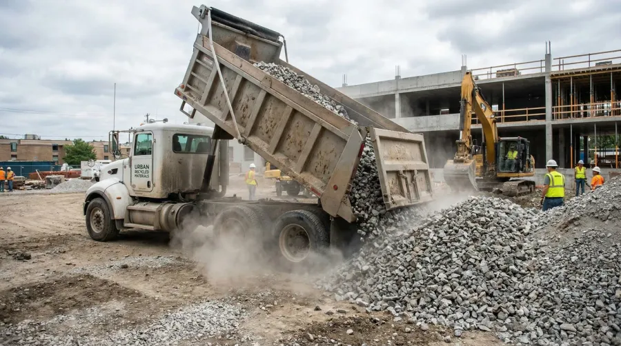Crushed concrete delivery truck unloading material at construction site