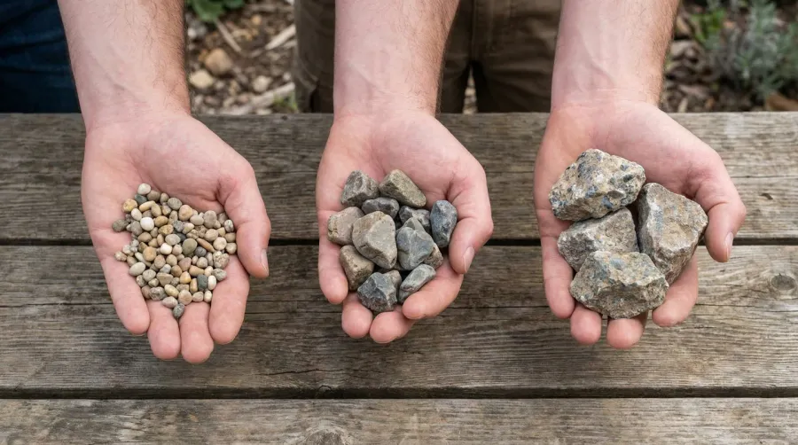 Side by side comparison of different gravel sizes in hands showing scale