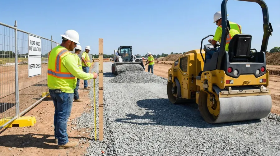 Road base installation showing proper depth and compaction techniques