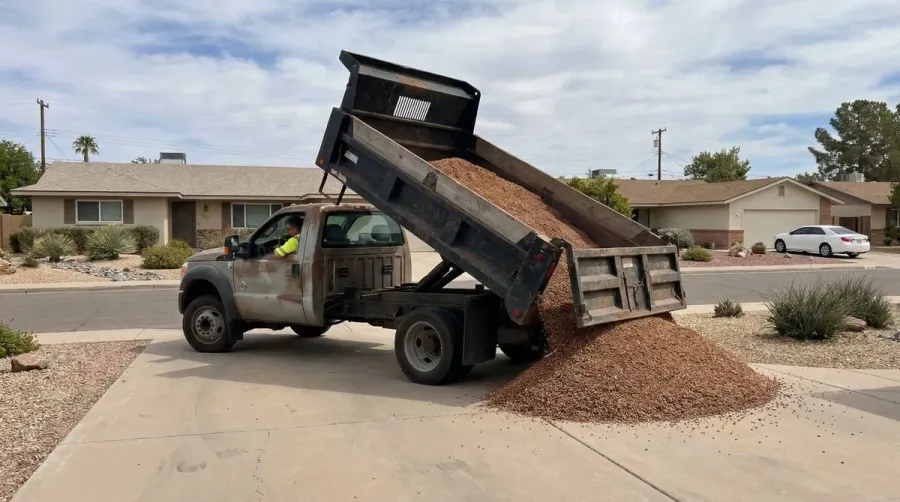 Truck delivering decomposed granite to residential property driveway