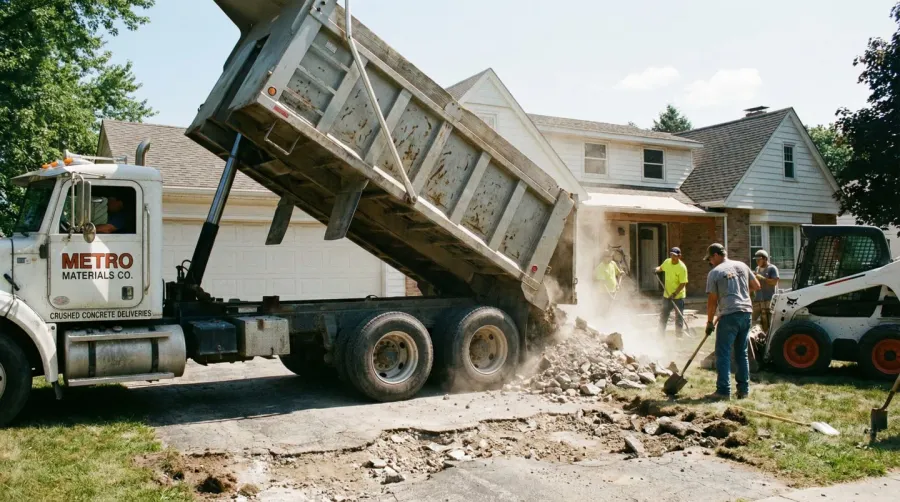 Delivery truck with crushed concrete at residential driveway