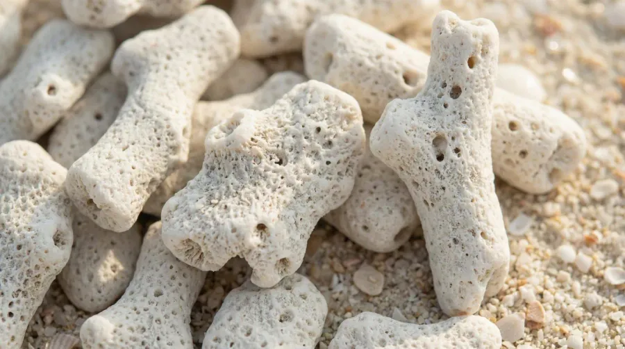 Close-up texture of crushed coral showing porous white pieces