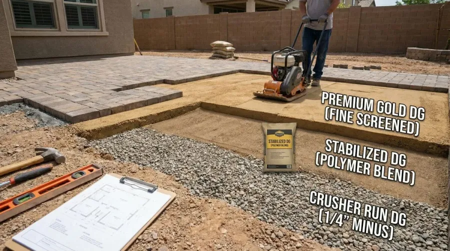 Decomposed granite paver base installation showing different types of DG materials