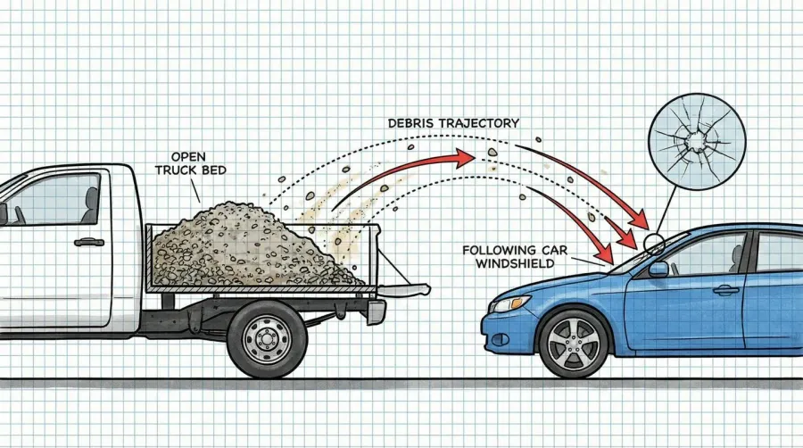 close-up diagram showing debris trajectory from truck bed to following car windshield