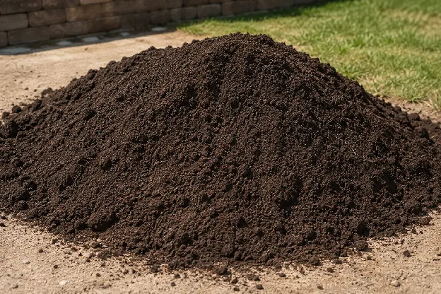 Mound of screened topsoil on a driveway beside a lawn and a paver wall