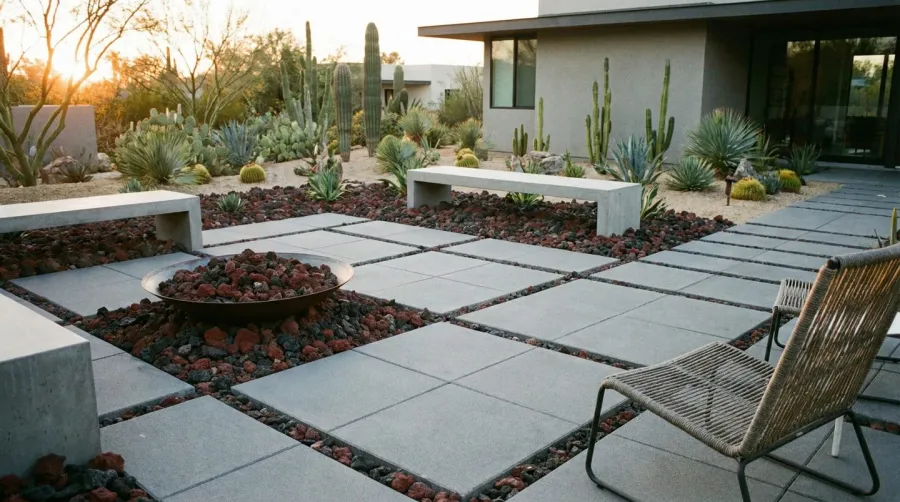 red and black lava rock scattered around a modern patio with pavers