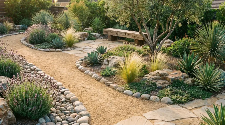 Beautiful maintained gravel garden with plants and clean pathways