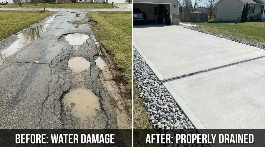 Before after comparison of driveway with water damage vs properly drained driveway with drainage rock
