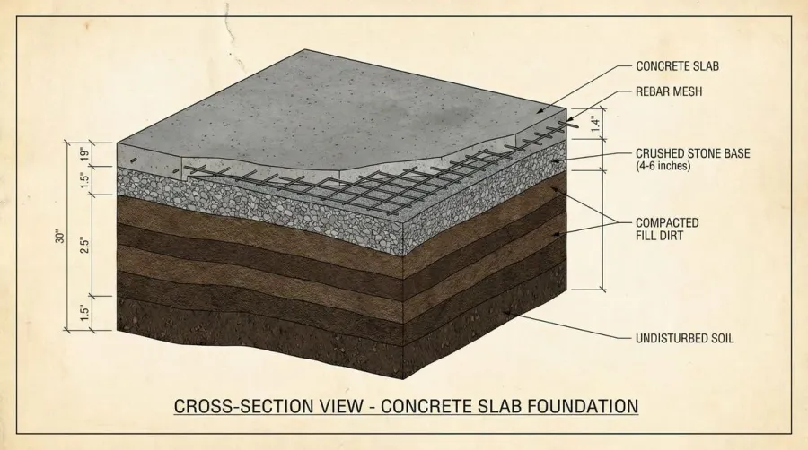 Concrete slab foundation with fill dirt underneath