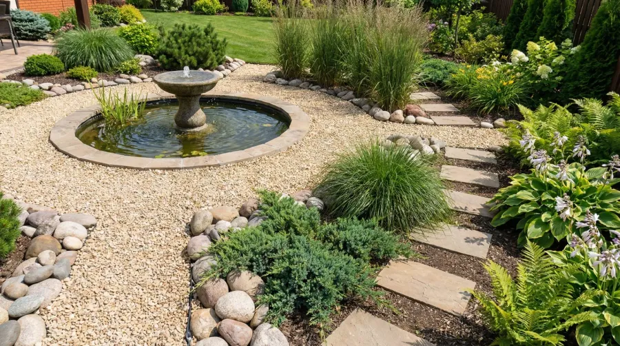 Well-maintained gravel edge around water feature with landscaping