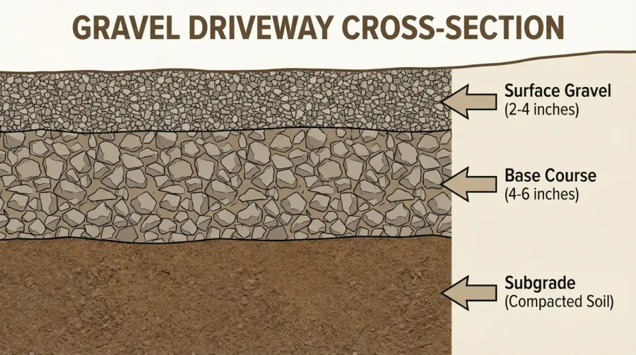 Cross-section diagram showing three layers of gravel driveway construction