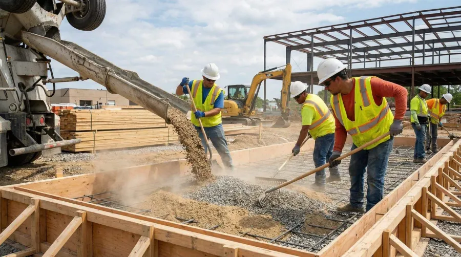 Construction worker pouring sand and gravel mixture for concrete foundation