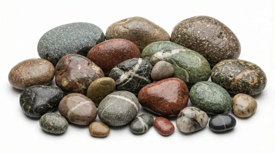 Close-up of various river rock sizes and colors on white background