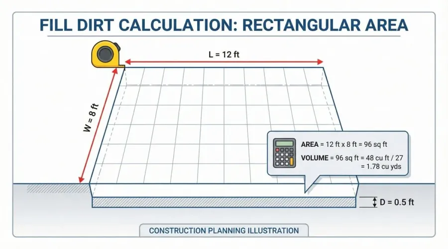 Diagram illustrating fill dirt volume calculation with measurements