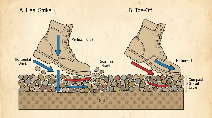 diagram showing stone displacement when walking on gravel