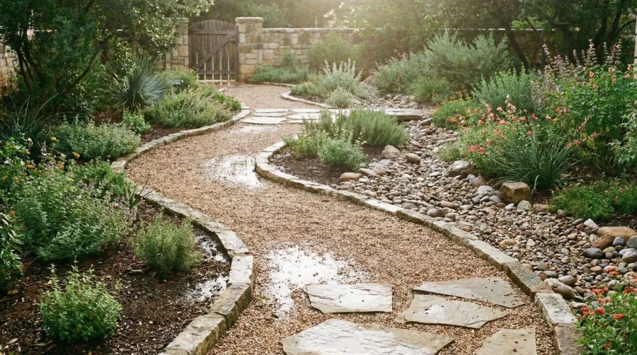 Pea gravel garden pathway with plants on both sides