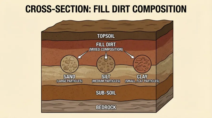 Cross section showing fill dirt composition and layers